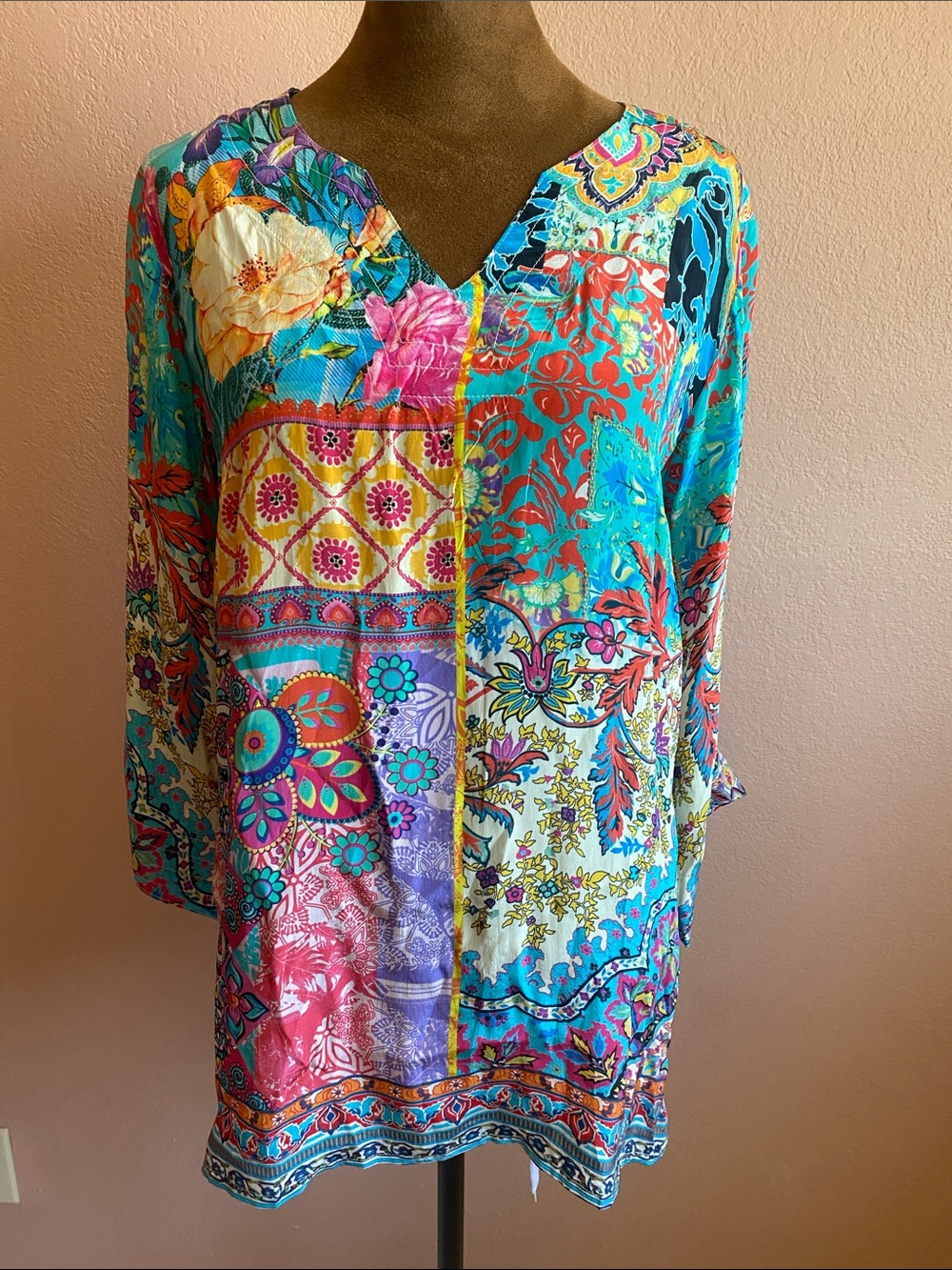 SHANA 100% Viscose Silk Bright Multi-Print V‑Neck Tunic Top in Turquoise & Pink
